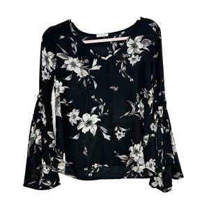 Sienna Sky Top White Black Floral Long Sleeve V-Neck Tie Flare Sleeves S